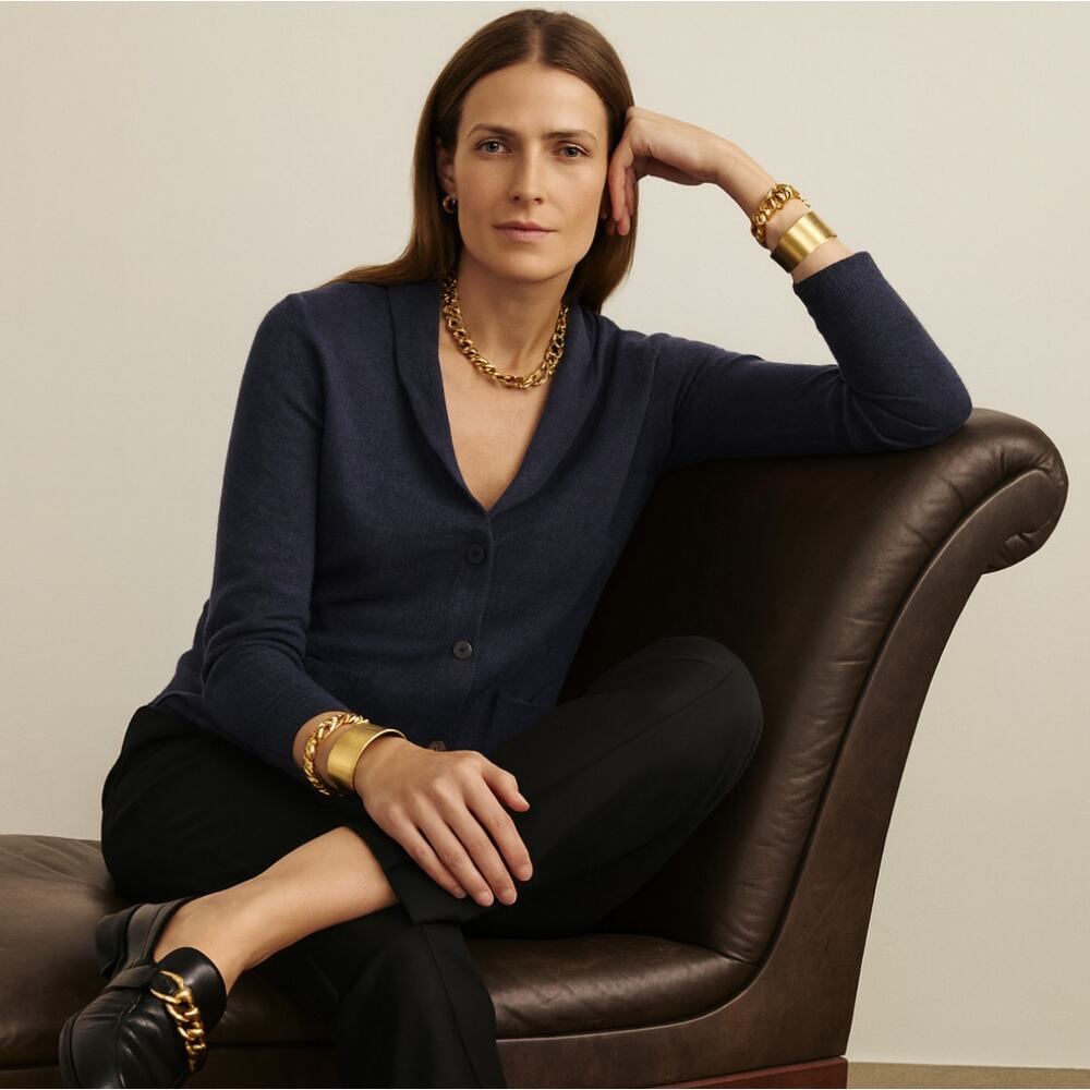 OSKA Virgin Wool Cardigan Sweater Navy Blue Sz 1/Medium $549 {AA31}